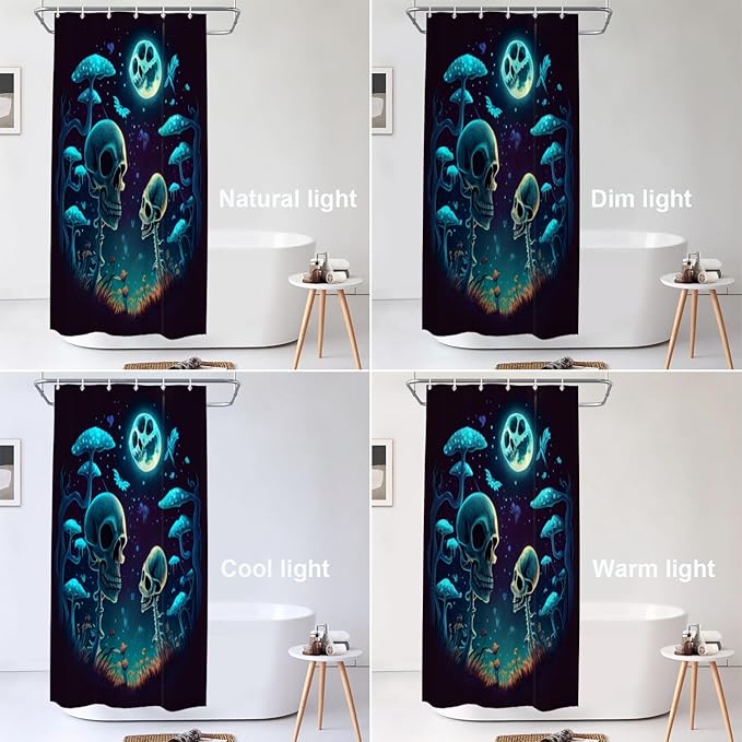 Shrahala Happy Halloween Funny Decorative Shower Curtain, Skeletons Grass Mushrooms Starry Sky Bathroom Décor Polyester Fiber Waterproof with Plastic Rings for Shower Stall Bathtubs 72 x 36 in