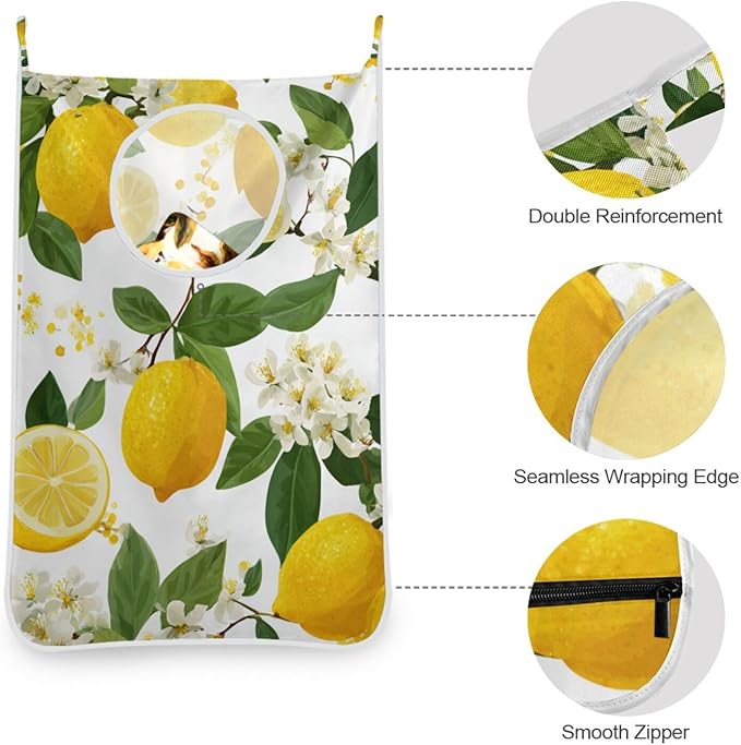 Lemon Branch Flower Hanging Laundry Hamper Door Hampers Bag Basket with Stainless Steel Hooks Oxford Fabric Printing Decorative Clothes Bags 29.5X20inch 1Pack
