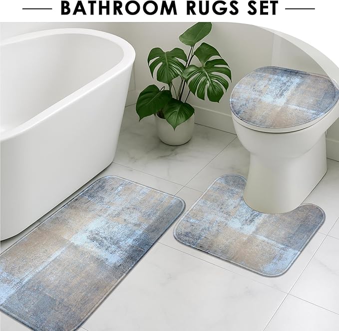 ArtSocket 4 Pcs Shower Curtain Set Abstract Blue Bathroom Set with Shower Curtain and Rugs Beige Grey Blue Brown Modern with Non-Slip Rugs Toilet Lid Cover and Bath Mat Bathroom