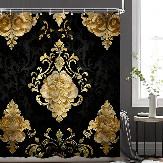 NBVKO 4Pcs Luxury Damascus Gold Flower Pattern Shower Curtain Set with 12 Hooks Non-Slip Rugs,Toilet Lid Cover and Bath Mat,Dark Gold Bathroom Decor for Hotel & Home Bathroom
