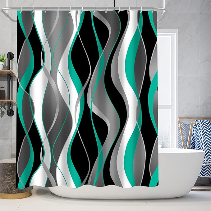 Nkzply 4 Pcs Green Striped Shower Curtain Set Teal and Black Bathroom Sets with Shower Curtain and Rugs Grey Modern Bathroom Decor Turquoise Shower Curtains with Rugs and Toilet Lid Cover