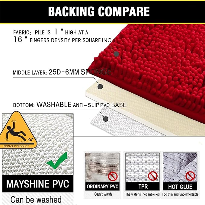 BOANKODU Bathroom Rugs Sets 2 Piece, Extra Soft Chenille Bath Mat Absorbent Bathroom Rug, Bathroom Mat with Sturdy PVC Non-Slip Bottom, Machine Washable Bath Rugs (32x20 Inch + 24x16 Inch, Red)