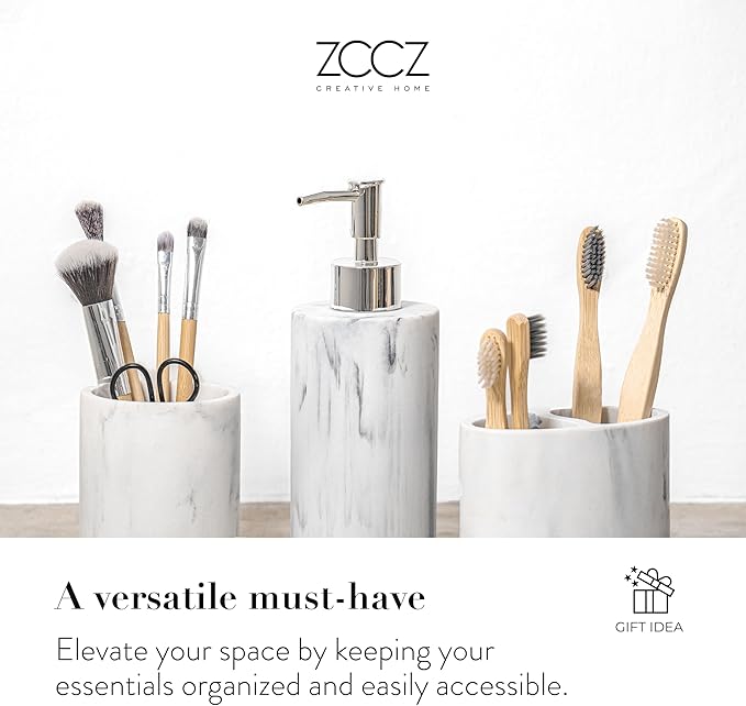 ZCCZ Bathroom Accessory Set, 4 Pcs Marble Look Bathroom Vanity Countertop Bathroom Décor Sets Accessories with Soap Dispenser, Toothbrush Holder Set, Tumbler, Soap Dish (White Marble Look Rounded)