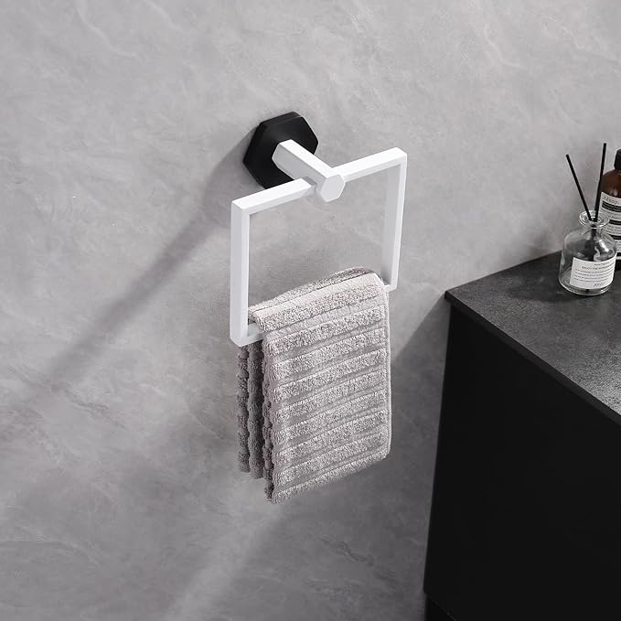 GERZWY Modern Towel Holder Modern Style White & Black Stainless Steel Towel Hanger Towel Ring for Bathroom Wall Mount