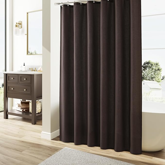 Naturoom Chocolate Brown Linen Shower Curtain, Country Boho Farmhouse Bath Decor Shower Curtains Neutral Cloth Weighted Textured Fabric Bath Curtain Liner with Hooks, 72x96