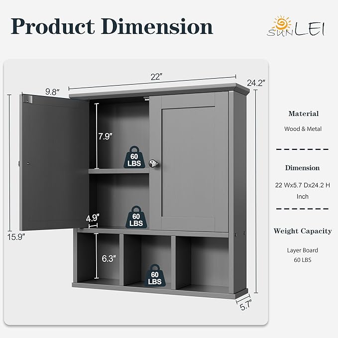 DL-win Bathroom Wall Cabinet, Bathroom Cabinet Wall Mount Organizer Shelf for Toiletries, Towels & Essentials – Waterproof MDF, Space-Saving Bathroom Storage, Grey