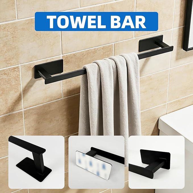 10 Pieces Bathroom Towel Bar Set, Stainless Steel Matte Black Bathroom Hardware Set Self Adhesive, Towel Racks for Bathroom, 16 inch Towel Bar, Robe Towel Hooks, Toilet Paper Holder, Towel Ring