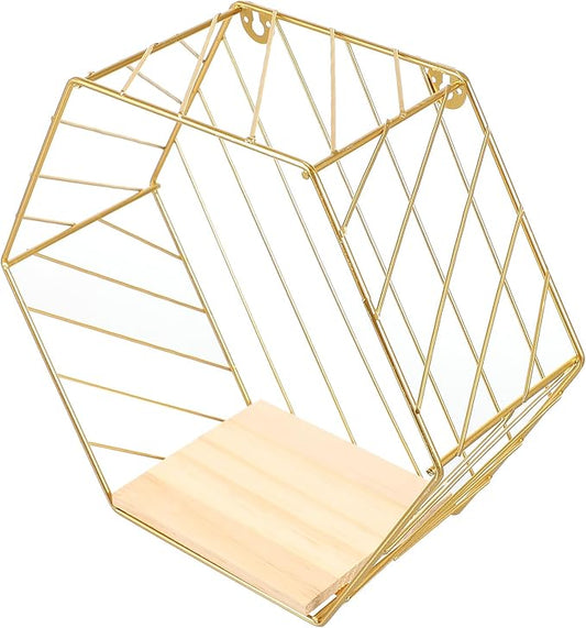 BESPORTBLE Wall-Mounted Iron Storage Shelf, Kitchen Wall Rack with Gold Hexagon Design, No-Drill Decorative Floating Shelf for Bathroom and Home Organization