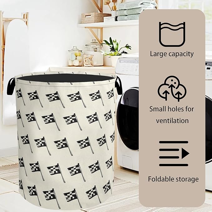 Racing Flag Foldable Canvas Laundry Basket with Handles - Toy Organizer, Heavy Duty for Home，Bedroom, Dorm, Bathroom