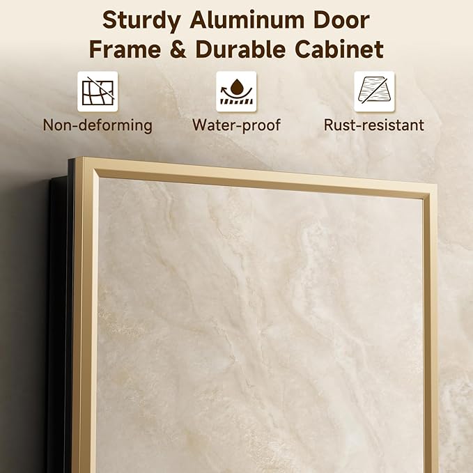24“ x 30” Gold Medicine Cabinets for Bathroom with Mirror, Aluminum Alloy Framed Mirror＆Tempered Glass Design, Recessed or Surface Wall-Mounted Metal Bathroom Vanity Mirror with Storage Cabinet