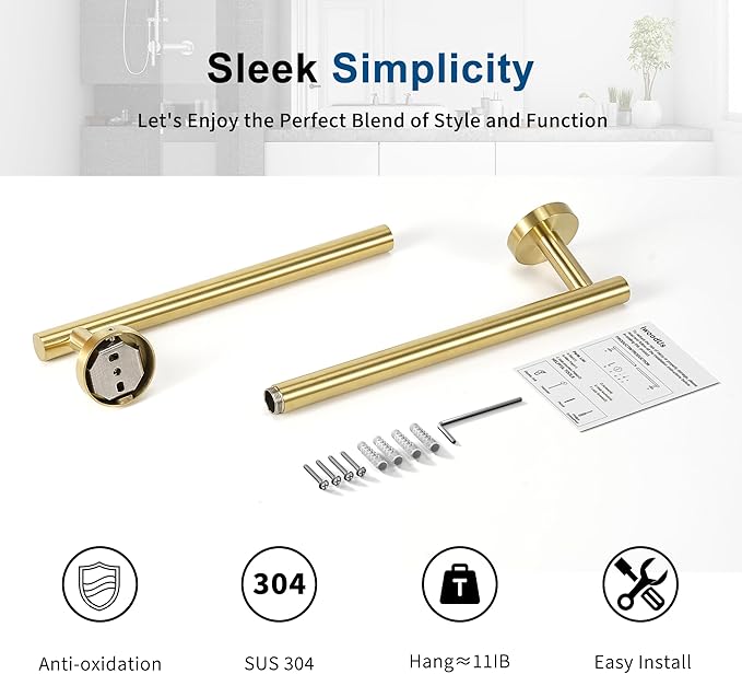 Brushed Gold Towel Bar, 24 Inch Towel Racks for Bathroom Wall Mounted, Thicken SUS304 Stainless Steel Heavy Duty Hand Towel Holder Organizer, Bathroom Accessories, Total Length 26.5 Inch