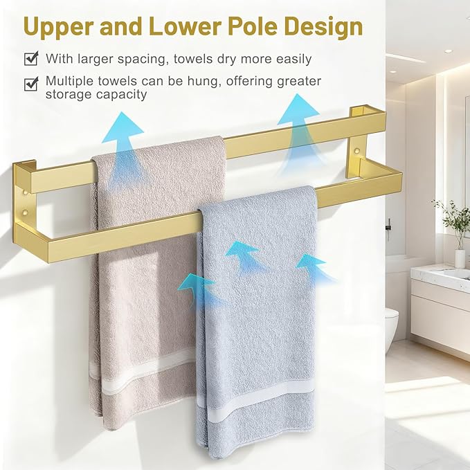 TNOMS Double Towel Bar,Towel Rack for Bathroom Stainless Steel Wall-Mounted Bathroom Hardware Brushed Gold 24 Inch Bathroom Accessories