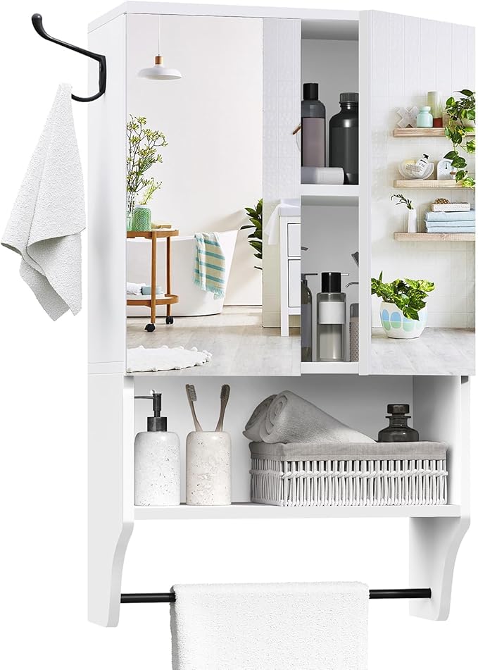 MAHANCRIS Bathroom Wall Cabinet with Mirror, Medicine Cabinet with 2 Door and Adjustable Shelf, Wall Mounted Over The Toilet Storage Cabinet with Towel Bar for Bathroom Laundry Room Kitchen, White
