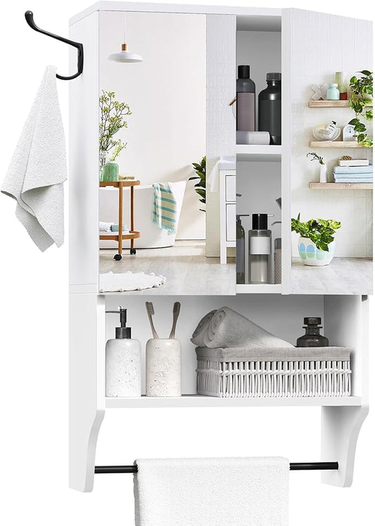 MAHANCRIS Bathroom Wall Cabinet with Mirror, Medicine Cabinet with 2 Door and Adjustable Shelf, Wall Mounted Over The Toilet Storage Cabinet with Towel Bar for Bathroom Laundry Room Kitchen, White