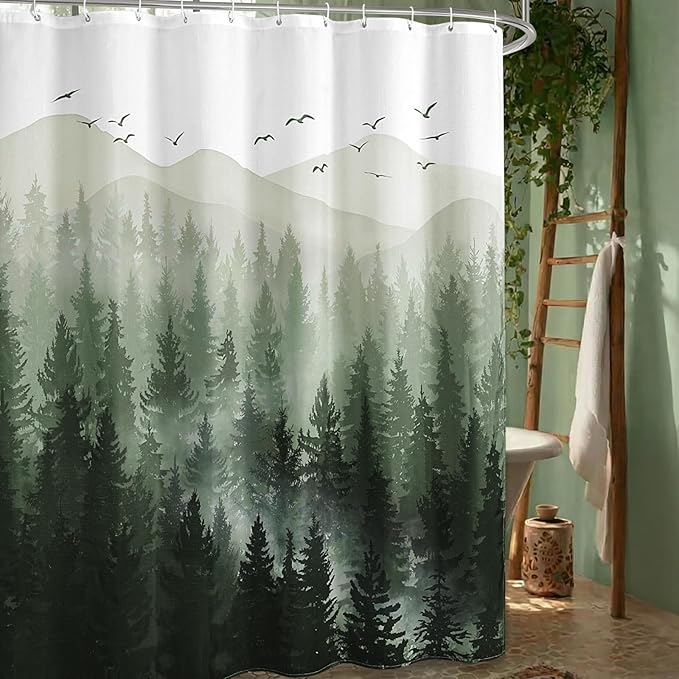 Green Forest Rustic Shower Curtain, Nature Mountain Tree Shower Curtains for Bathroom with 3D Bamboo Texture, 72 x 72