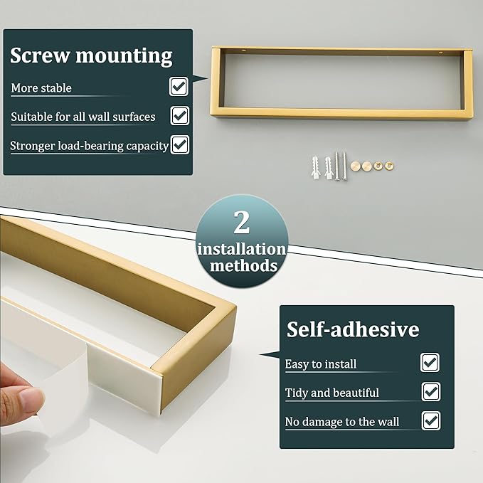 Sayayo Brushed Gold Towel Bar for Bathroom, 12 Inch Hand Towel Holder Wall Mount, Screw or Self Adhesive Towel Ring Square SUS304 Stainless Steel, 3.2 Inch Wide