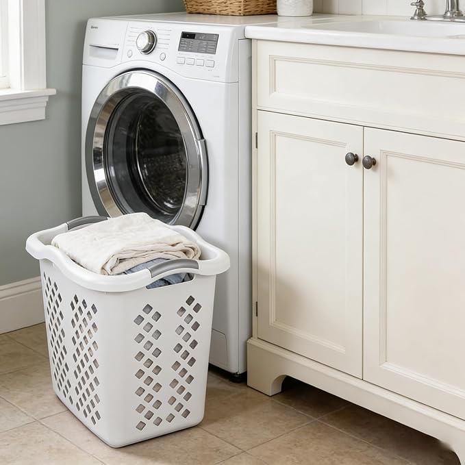 2-bushel capacity laundry baskets with silver handles, white, 2-pack