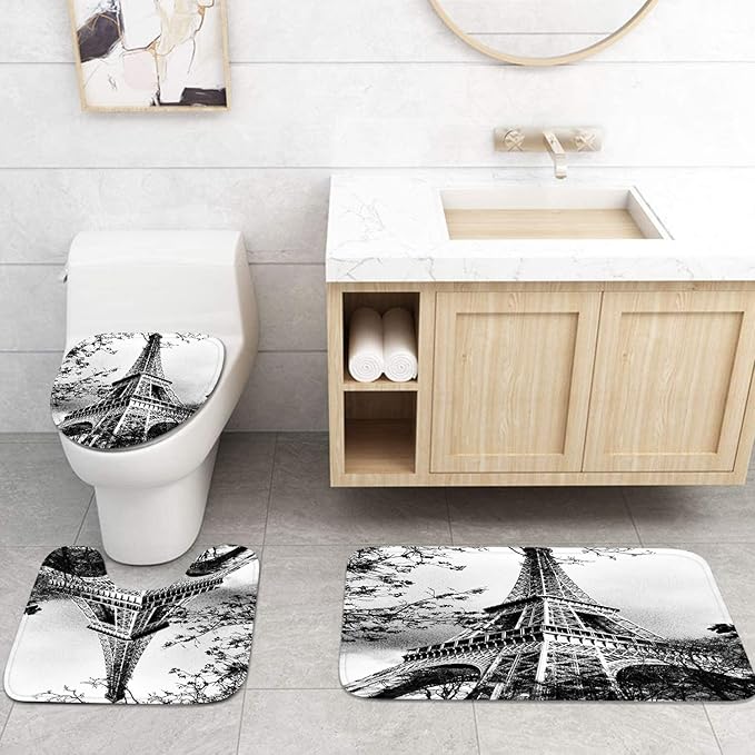 Britimes 4 Piece Shower Curtain Sets, with 12 Hooks, Eiffel Tower Paris Iron Black with Non-Slip Rugs, Toilet Lid Cover and Bath Mat, for Bathroom Decor Set, 72" x 72"