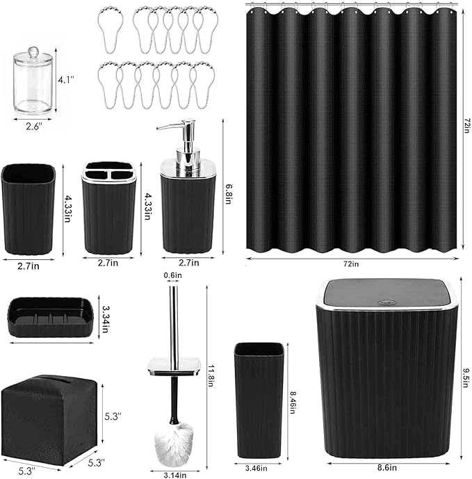 Bathroom Accessories Set, 21Pcs Black&Silver Bathroom Set, Including Shower Curtain, Toothbrush Holder, Trash Can, Toilet Brush, Bathroom Soap Dispenser Set for Bathroom Decor