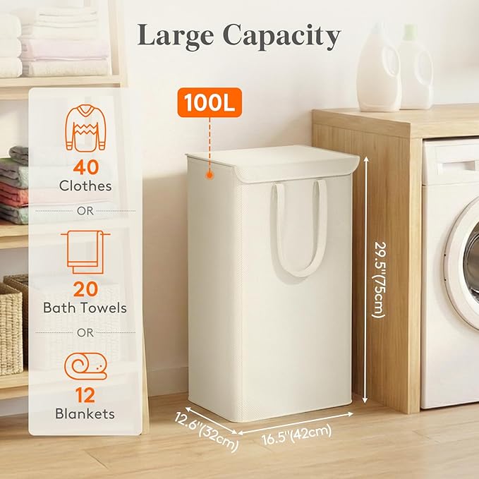 Lifewit Thin Laundry Basket with Lid, Slim Laundry Hamper, Dirty Clothes Hamper with Handles for Laundry Room Bedroom Closet, 104.5L White, 16.5"L x 12.6"W x 29.5"H