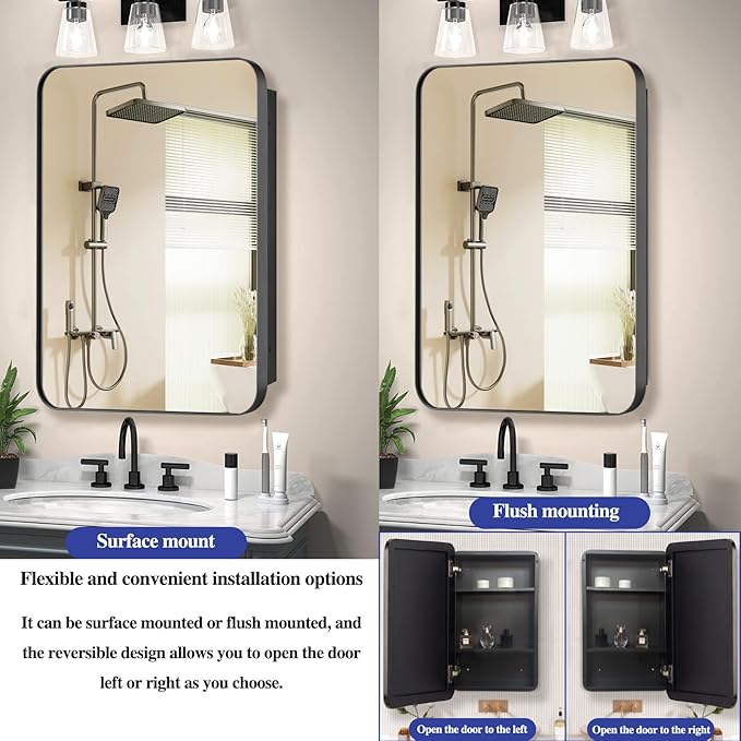 Bathroom Medicine Cabinet with 16"x26" Stainless Steel Framed Mirror,Recessed or Surface Mounted Bathroom Mirror Cabinet,Storage Cabinet for Bathrooms, Guest Rooms, Apartments, Farmhouse Decor