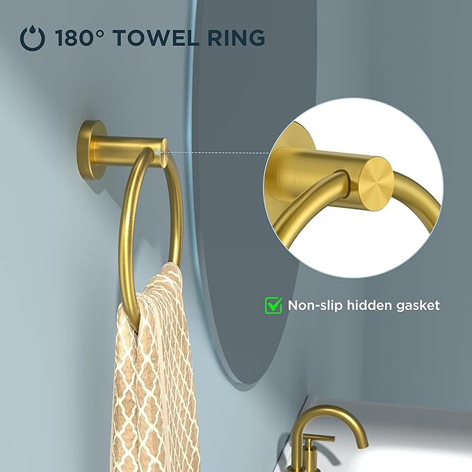 FORIOUS Towel Ring, SUS304 Stainless Steel Modern Hand Towel Holder Rack Hanger Round for Bathroom Wall Mounted, Ideal for Bath, Kitchen, RV, Dark Gold