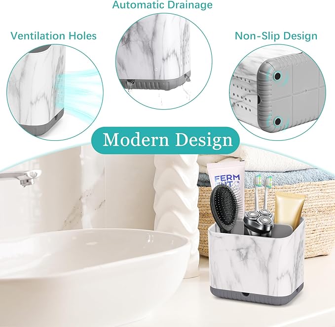 PARKMANI Toothbrush Holders for Bathrooms, Tooth Brush Holder for Bathroom Countertop Organizer, Kids Electric Toothbrush and Toothpaste Holder (Grey Marble Grain)