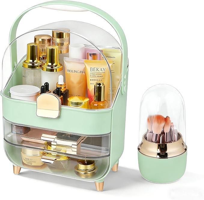 Makeup Organizer with Drawers,Cosmetic Display Case for Vanity,Skincare Organizer with 360 Rotating Brush Holder,Large Storage Box Dresser for Women Gifts, Bathroom Countertop,Green