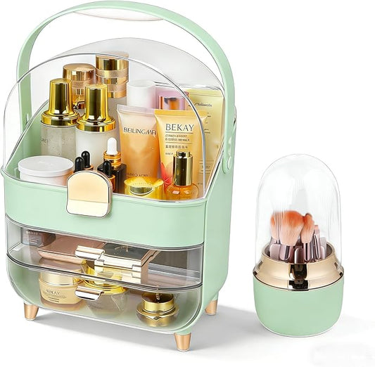 Makeup Organizer with Drawers,Cosmetic Display Case for Vanity,Skincare Organizer with 360 Rotating Brush Holder,Large Storage Box Dresser for Women Gifts, Bathroom Countertop,Green