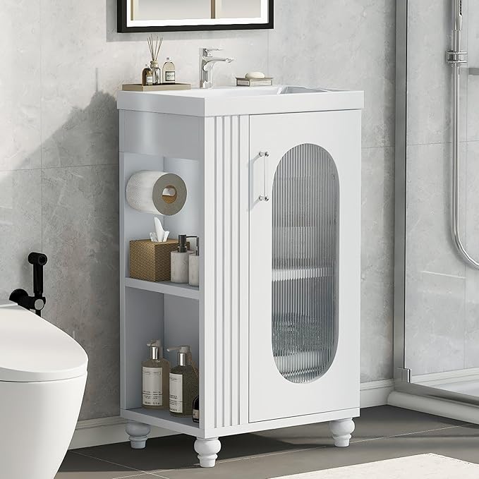 Virubi 20" Small Bathroom Vanity with Sink and Glass Door, Storage Shelf & Toilet Paper Holder,Solid Wood & MDF Modern Single Bathroom Sink Cabinet with Shelves,Freestanding,White
