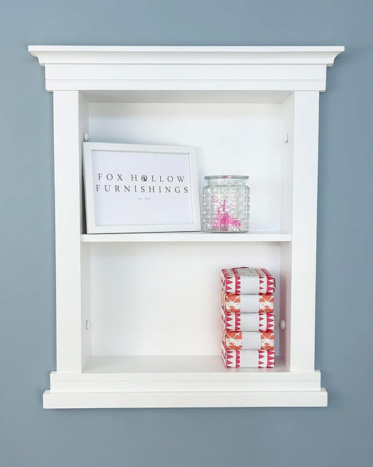 Fox Hollow Furnishings 14x18 Elliot Craftsman Recessed Wood Wall Niche, Open Medicine Cabinet Replacement, in The Wall Bathroom Cabinet Insert Shelves, Made in North America, NO MDF, Plain, White
