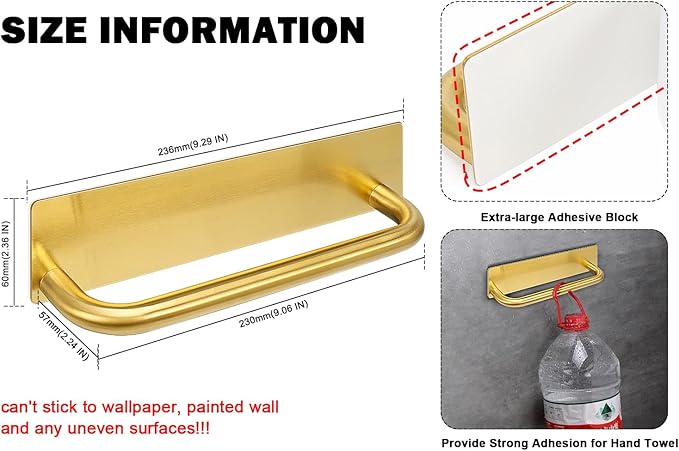 Livabber Self Adhesive Hand Towel Holder- 304 Stainless Steel Hand Towel Bar for Bathroom Kitchen Stick on Wall, Towel Ring No Drilling, 9 Inch (Gold)
