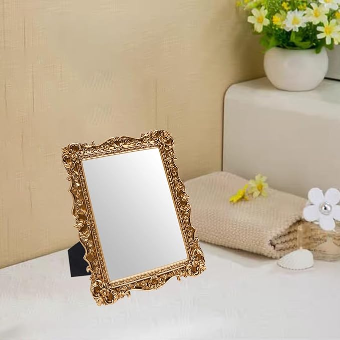 JANDERART Small Vintage Mirror 10x8 Inch, Antique Ornate Decorative Mirror for Desk & Wall, Vanity Mirror for Makeup Wall Decor, Gold