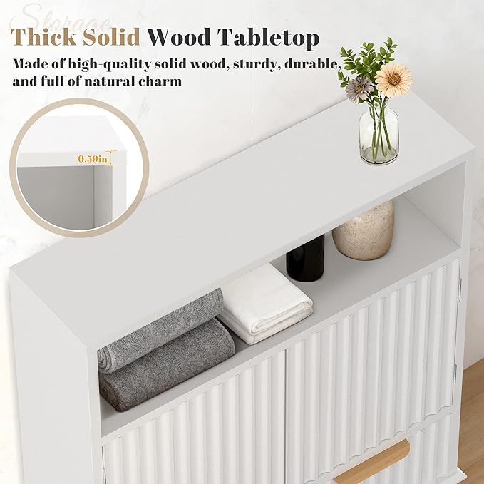 Fluted Bathroom Wall Cabinet with Drawers, Wooden Medicine Cabinet Organizer Over The Toilet, Wall Mounted Storage Cabinet with Open Shelf for Bathroom, Kitchen, and Laundry Room (White)