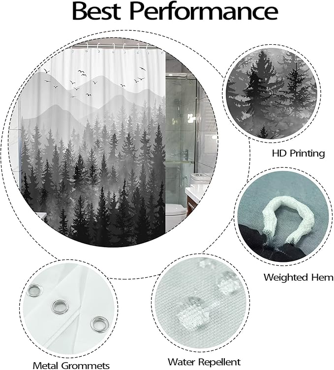 Accnicc 78 Inch Long Black and White Misty Forest Shower Curtain Ombre Dark Gray Mountain Pine Tree Waterproof Fabric Shower Curtains for Bathroom Grey Nature Woodland Decorative Bath Curtain Decor