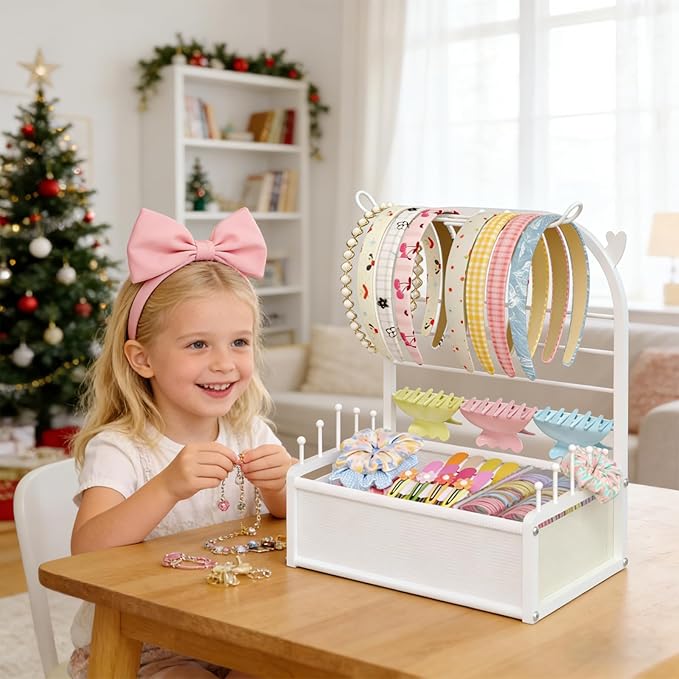 Hair Accessories Organizer for Girls, Headband Holder Stand with Storage Base, Deer Antler Display for Headbands, Scrunchies, Bows & Clips, Cute Vanity Organizer, White