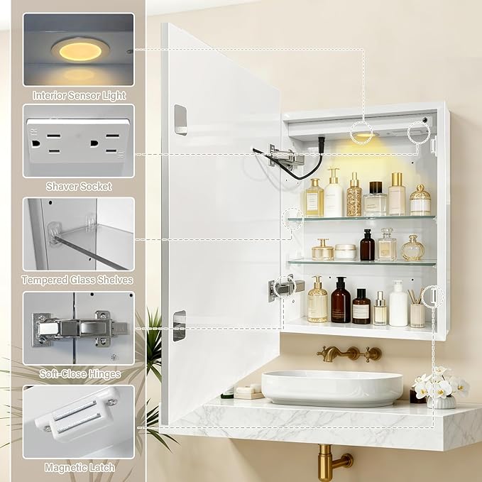 LED Medicine Cabinet,Recess Mirror Cabinet for Bathroom,3 Color,Dimmable,Demister, Detachable Side Panel for Recess Mount or Surface Mount,USB Shaver Socket, Internal Lighting,16x24inch,White
