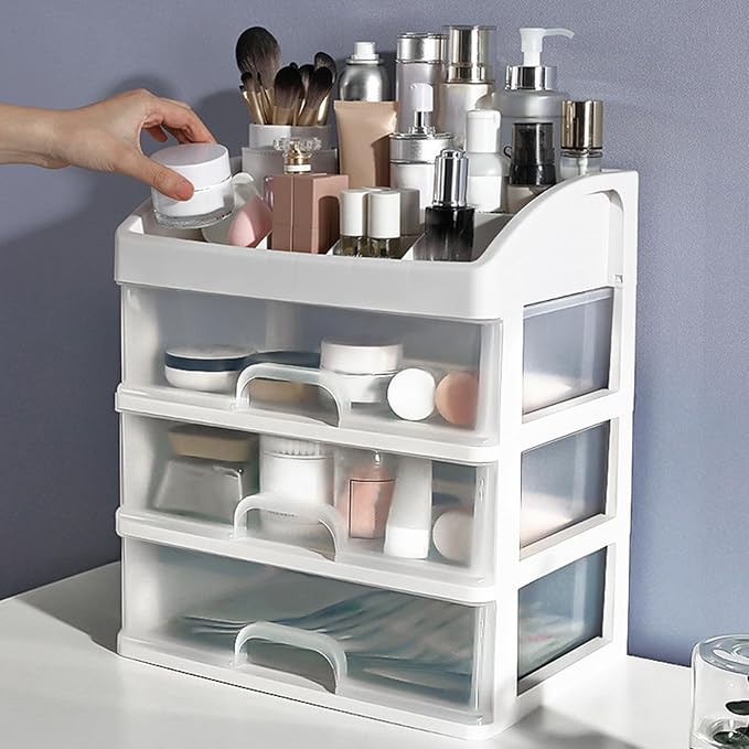 GOTOTOP 3 Tier Drawer Makeup Storage Box, Clear Plastic Cosmetic Organizer, Stationery Storage with Jewelry Drawer, Drawers