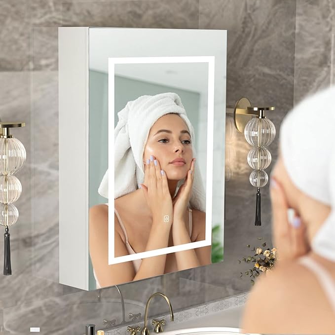 Bathroom Medicine Cabinet with Mirror, Led Light, Storage - Brightness Adjustable, 27.5 x 19.6 Inch