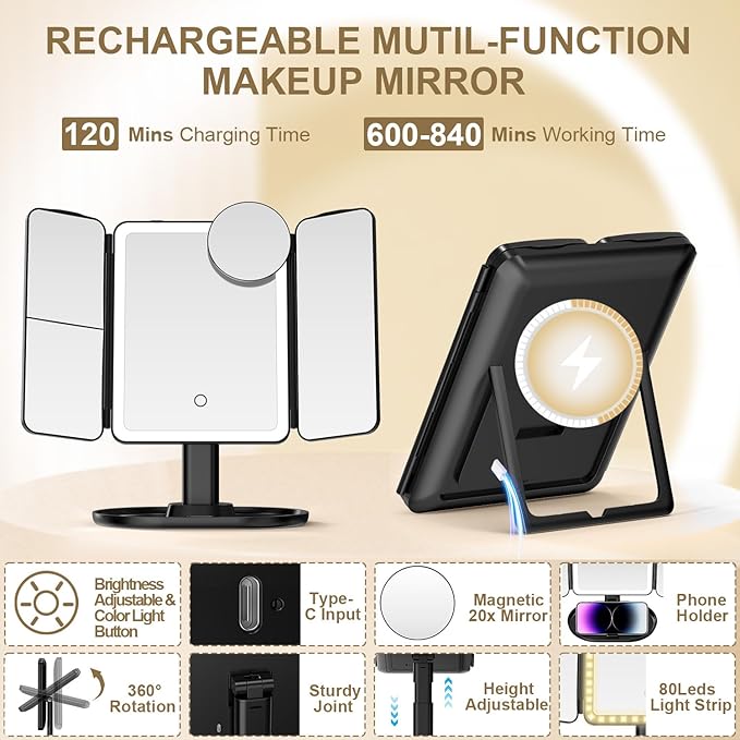 Mocado Makeup Mirror with Lights, 20X/7X/3X Magnifying Mirror with Light,Rechargeable & Height Adjustable Lighted Makeup Mirror,Vanity Mirror with 3 Colors Lights,Detachable Design for Travel(Black)
