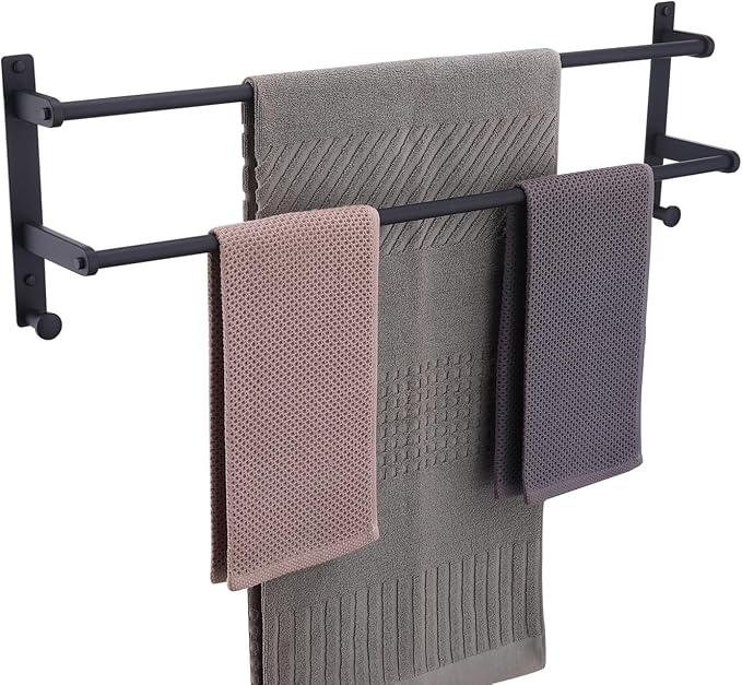 Matte Black Double Towel Rack with Hooks for Bathroom, 30 Inch Stainless Steel Long Towel Bar - Wall Mounted Towel Rails Holder