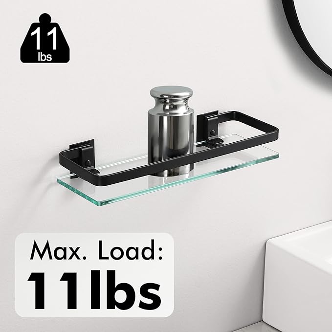 KES Bathroom Glass Shelf, Glass Floating Shelves Aluminum Black Extra Thick Tempered Rectangular 1 Tier Basket Wall Mounted, 2 Pack, A4126A-BK-P2