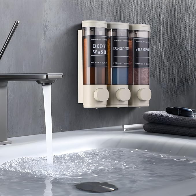Shampoo and Conditioner Dispenser,Shower Dispenser 3 Chamber No Drilled Shampoo Dispenser for Shower Wall Mounted Body Wash for Bathroom Kitchen Hotel Large Capacity,Light Gray