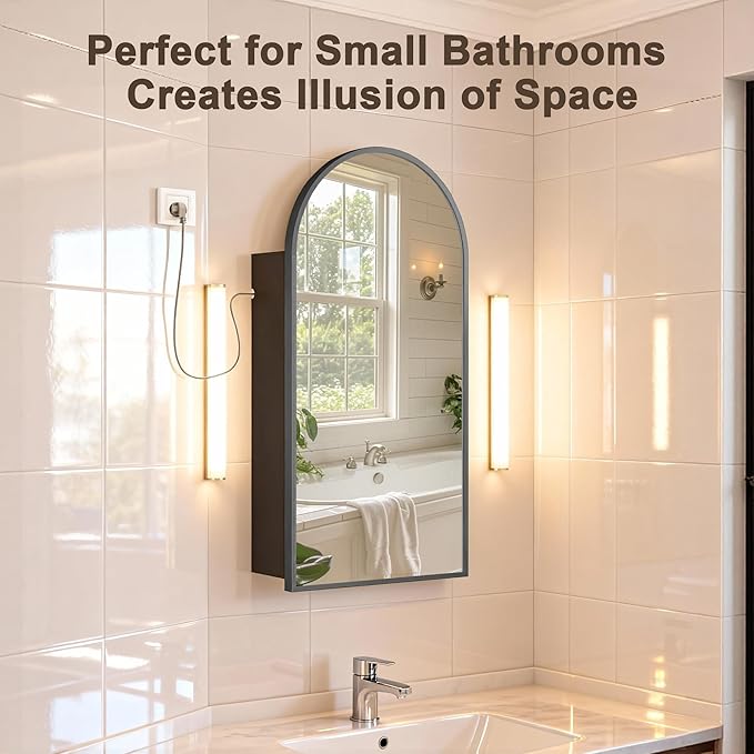 FKWin Medicine Cabinet Mirror with Power Outlet, Black Bathroom Wall Cabinet with Mirror for Left or Right Opening, not Recessed, Ample Bathroom Vanity Mirror, Black, 16x32 inch