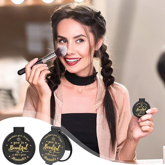 18 Pcs 2.76 Inch Inspirational Compact Mirror Bulk Women Small Gifts Graduation Party Favors Purse Mirror Pocket Mini Stuffer Items for Adult Coworker Cheerleader Employee (Black)