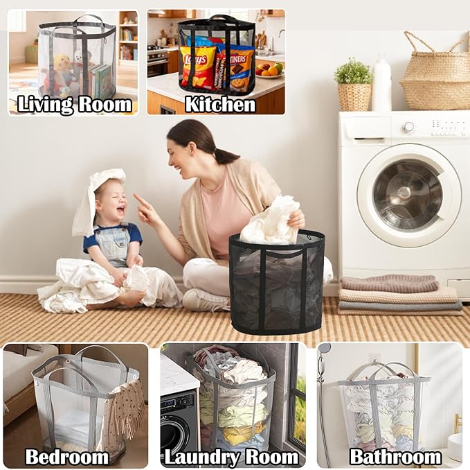 Collapsible Laundry Basket, Mesh Bag with Handles, Foldable Laundry Bag, Breathable Folding Beach Bag,Space-saving Tote Bags for Laundry, Bathroom, Dorm or Travel (Black, 45L)