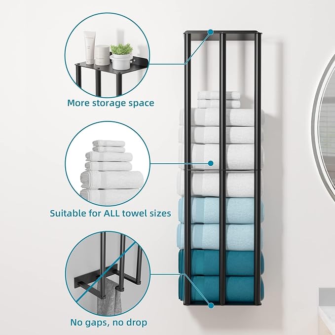 Susswiff Towel Racks for Bathroom 31 Inch - Wall Mounted, Solid 2 Metal Shelves and 3 Vertical Bars, Can Holds 6 Large Rolled Bath Towels - for Modern Decor Bathroom Towel Storage (Matte Black)