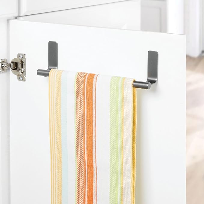 mDesign Steel Wall-Mounted Towel Rack Storage Holder - Self-Adhesive Space Saving Bar for Kitchen, Holds Hand and Dish Towels, Stick on Doors, Cabinet, Cupboard, Omni Collection, 2 Pack, Graphite Gray