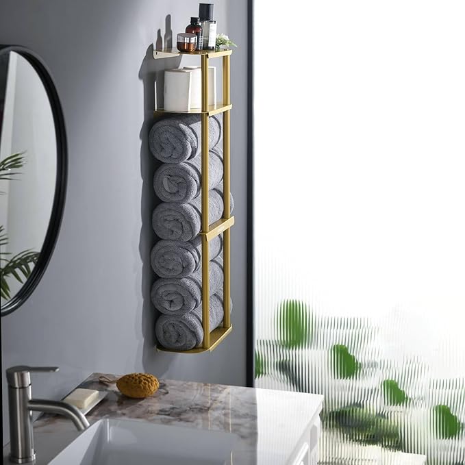 simpletome Towel Racks for Bathroom Storage Shower Organizer 31 inch Wall Mounted with Shelves Can Holds 6 Large Towels Thickened Carbon Steel(Gold)