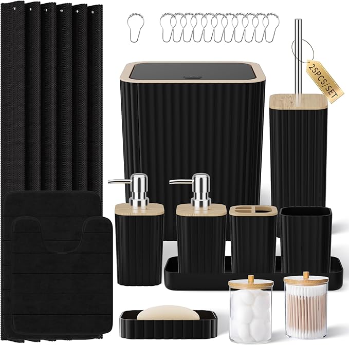 XLHOMO Bathroom Set - 25PC Black Bathroom Set with Shower Curtain and Rugs, Bathroom Accessories Set, Black Shower Curtain Set with Bathroom Trash Can